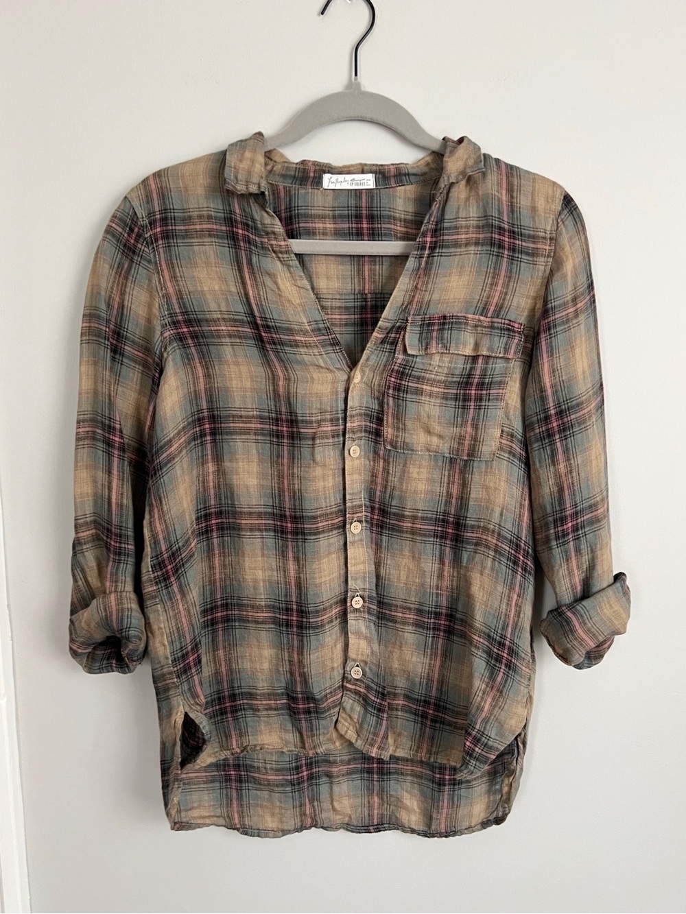 CP Shades Plaid Linen Button-Up Shirt in Pink, Blue & Tan size S